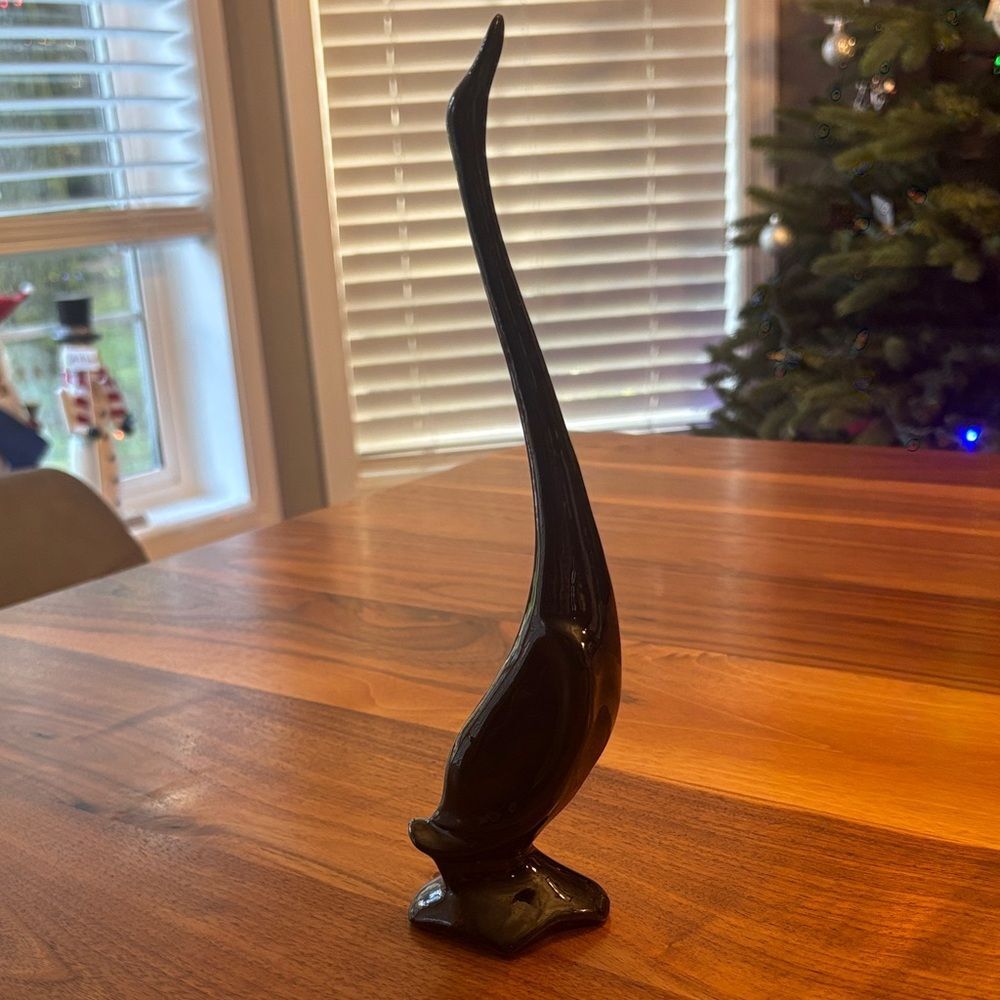 Black Crane Long Neck Bird Ceramic Pottery Art Statue Marked Japan 10.25”